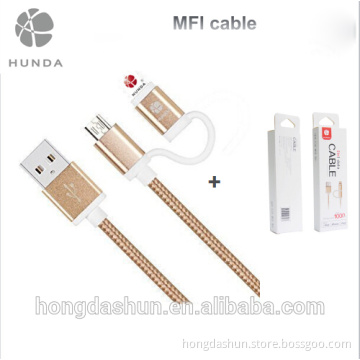 2 in 1 MFI cable 1.2m usb to lighting cable braided quality fast charge cable gold silver pink grey